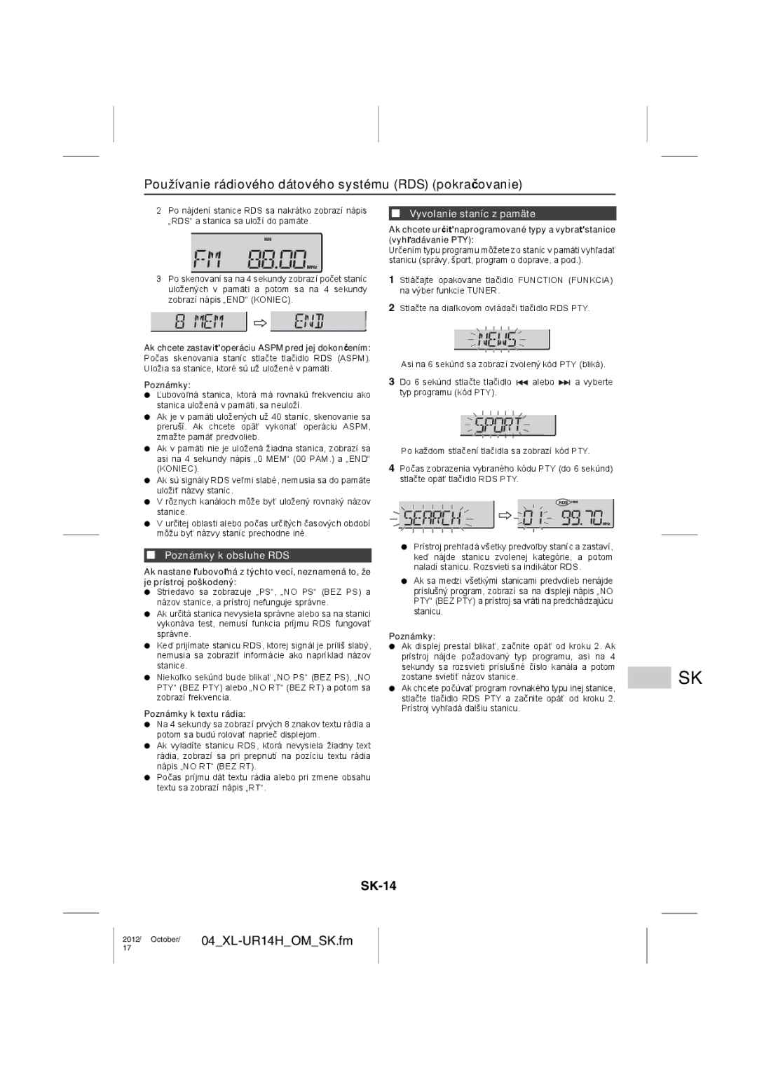 Sharp XL-UR14H operation manual Používanie rádiového dátového systému RDS pokračovanie, SK-14, Poznámky k obsluhe RDS 