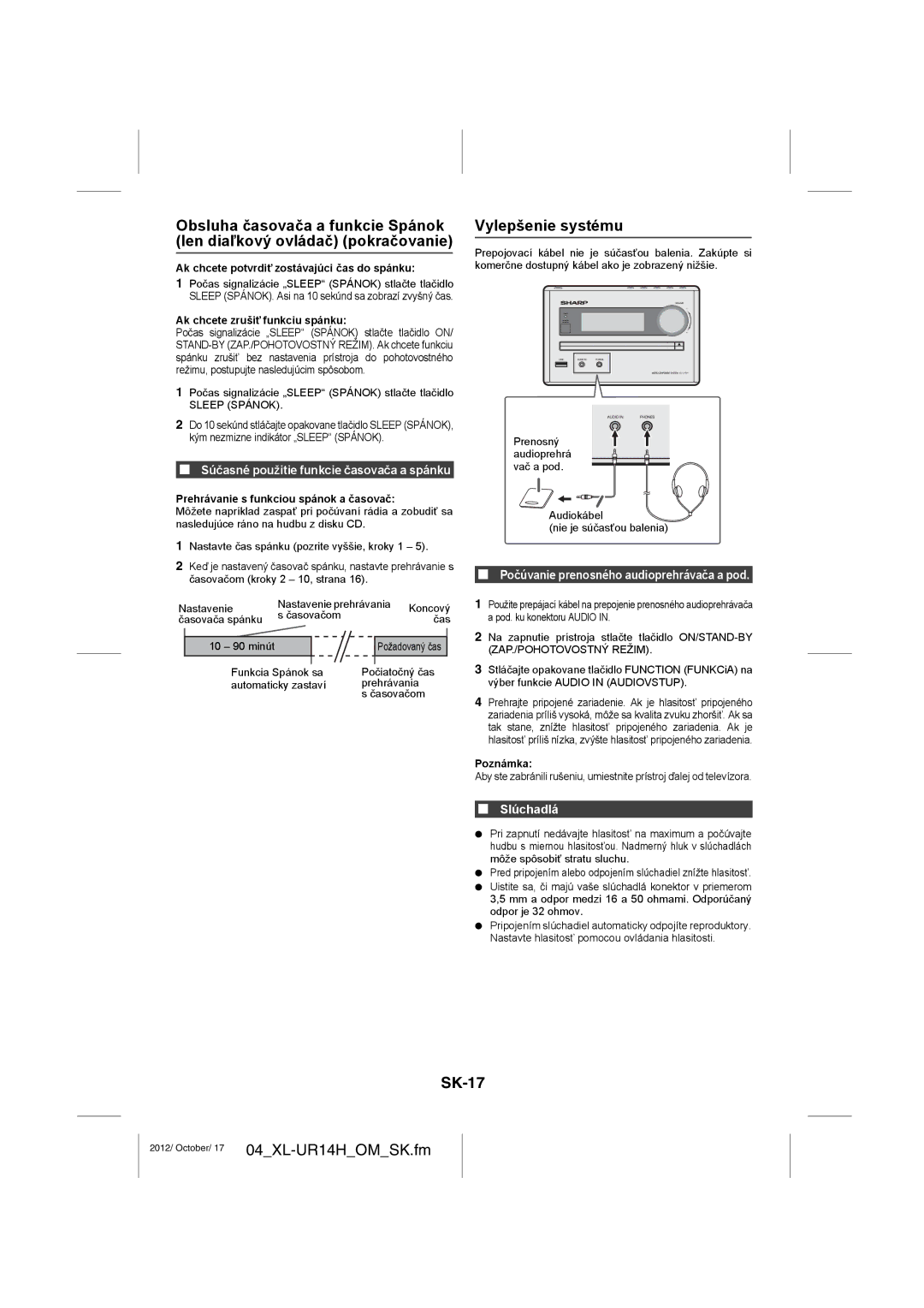 Sharp XL-UR14H operation manual Vylepšenie systému, SK-17, Slúchadlá 