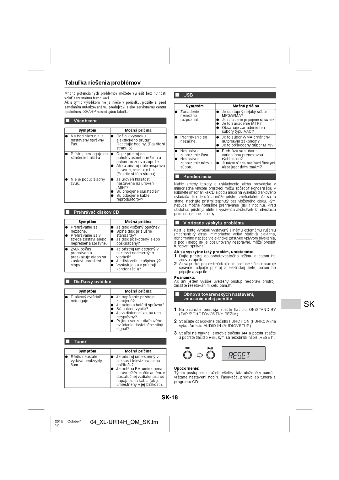 Sharp XL-UR14H operation manual Tabuľka riešenia problémov, SK-18 