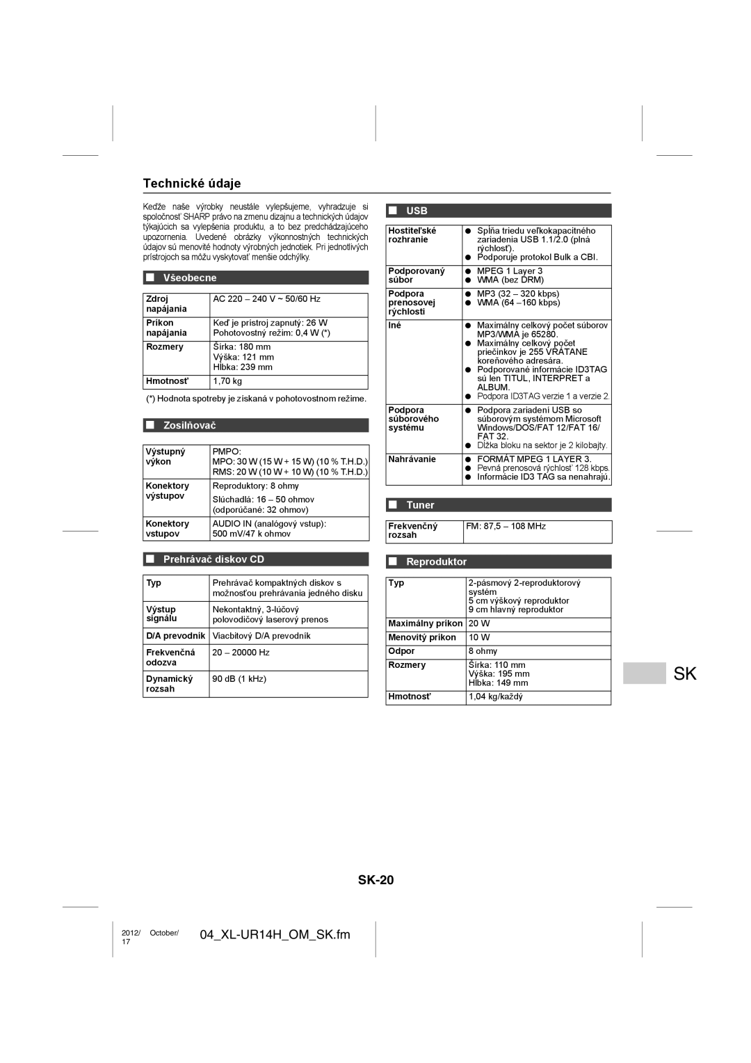 Sharp XL-UR14H operation manual Technické údaje, SK-20, Zosilňovač 