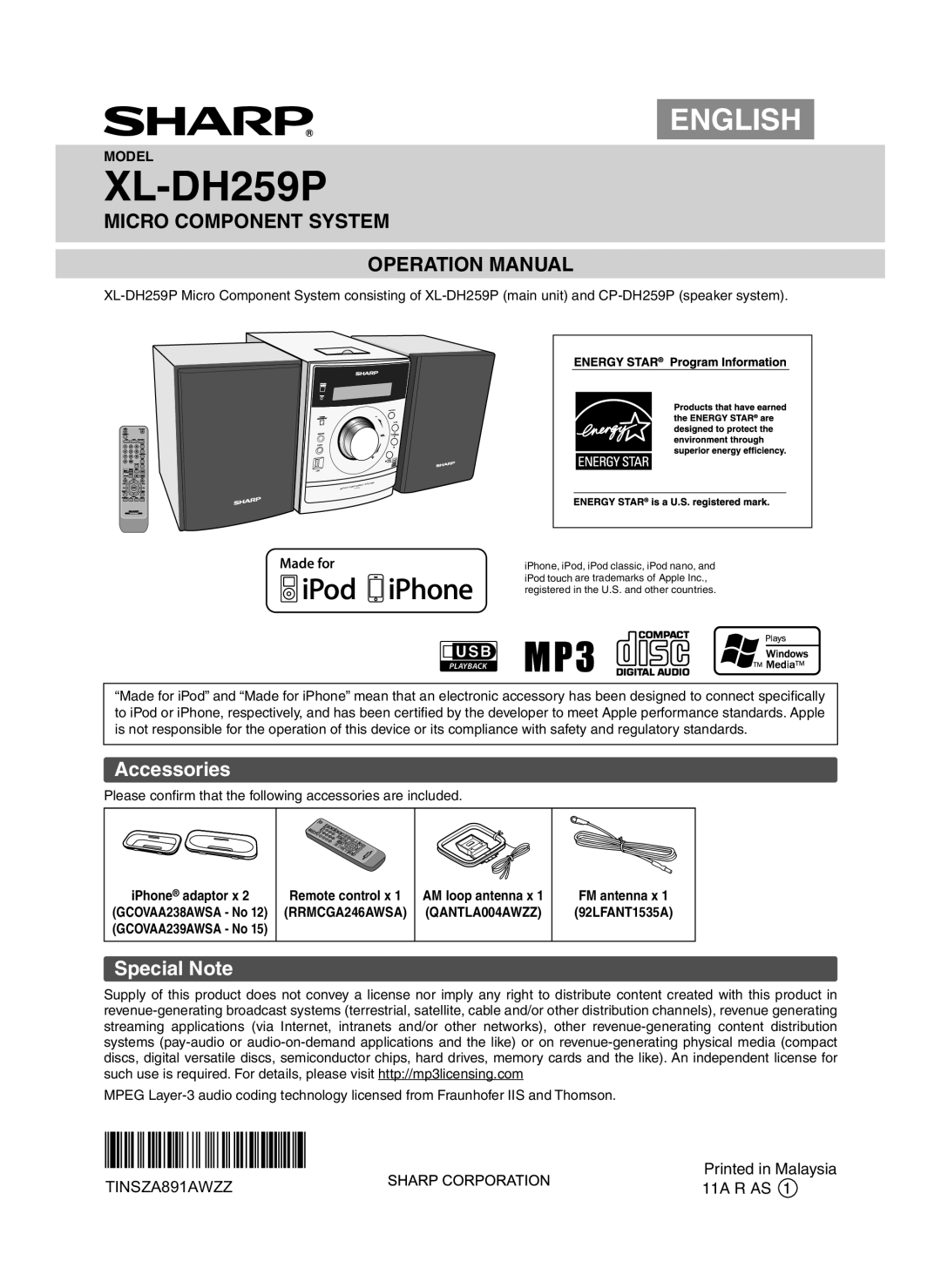 Sharp XLDH259P operation manual Accessories, Special Note, IPhone adaptor x, FM antenna x 