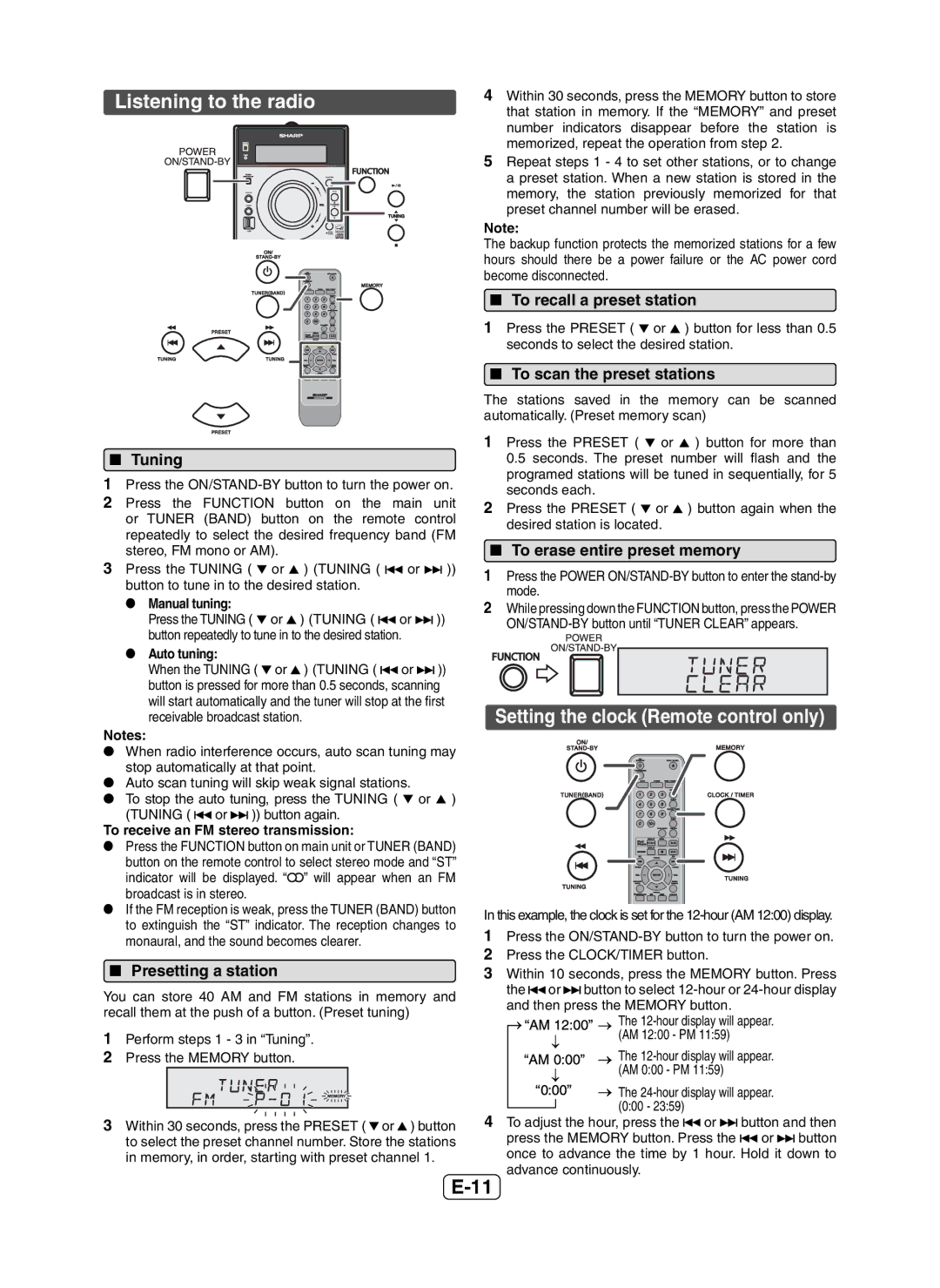 Sharp XLDH259P operation manual Listening to the radio, Setting the clock Remote control only 