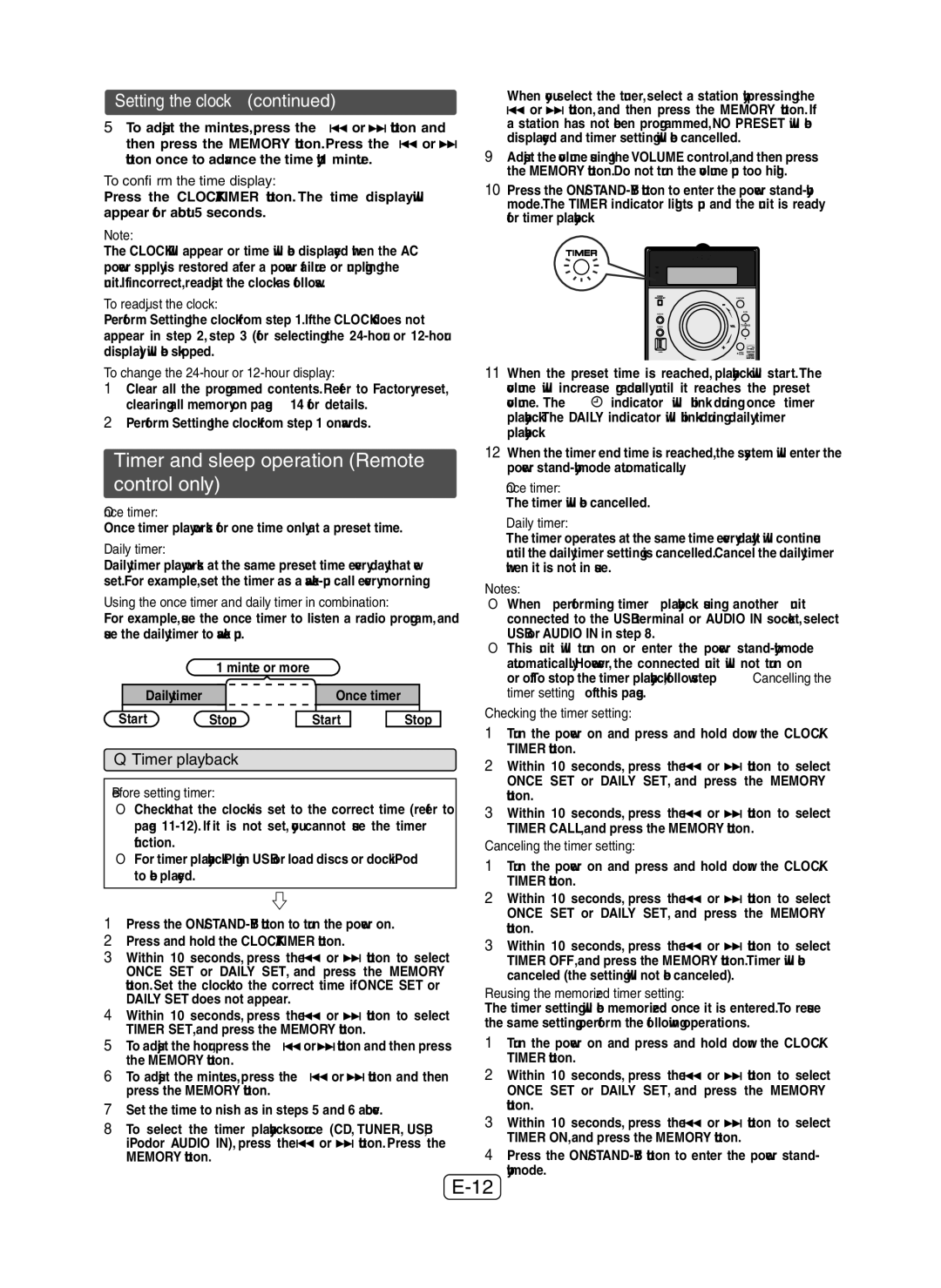 Sharp XLDH259P operation manual Timer and sleep operation Remote control only, Setting the clock, Timer playback 