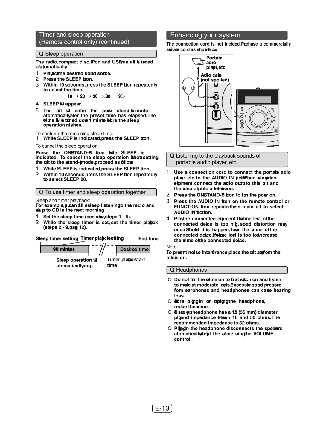 Sharp XLDH259P Enhancing your system, Timer and sleep operation Remote control only, Sleep operation, Headphones 