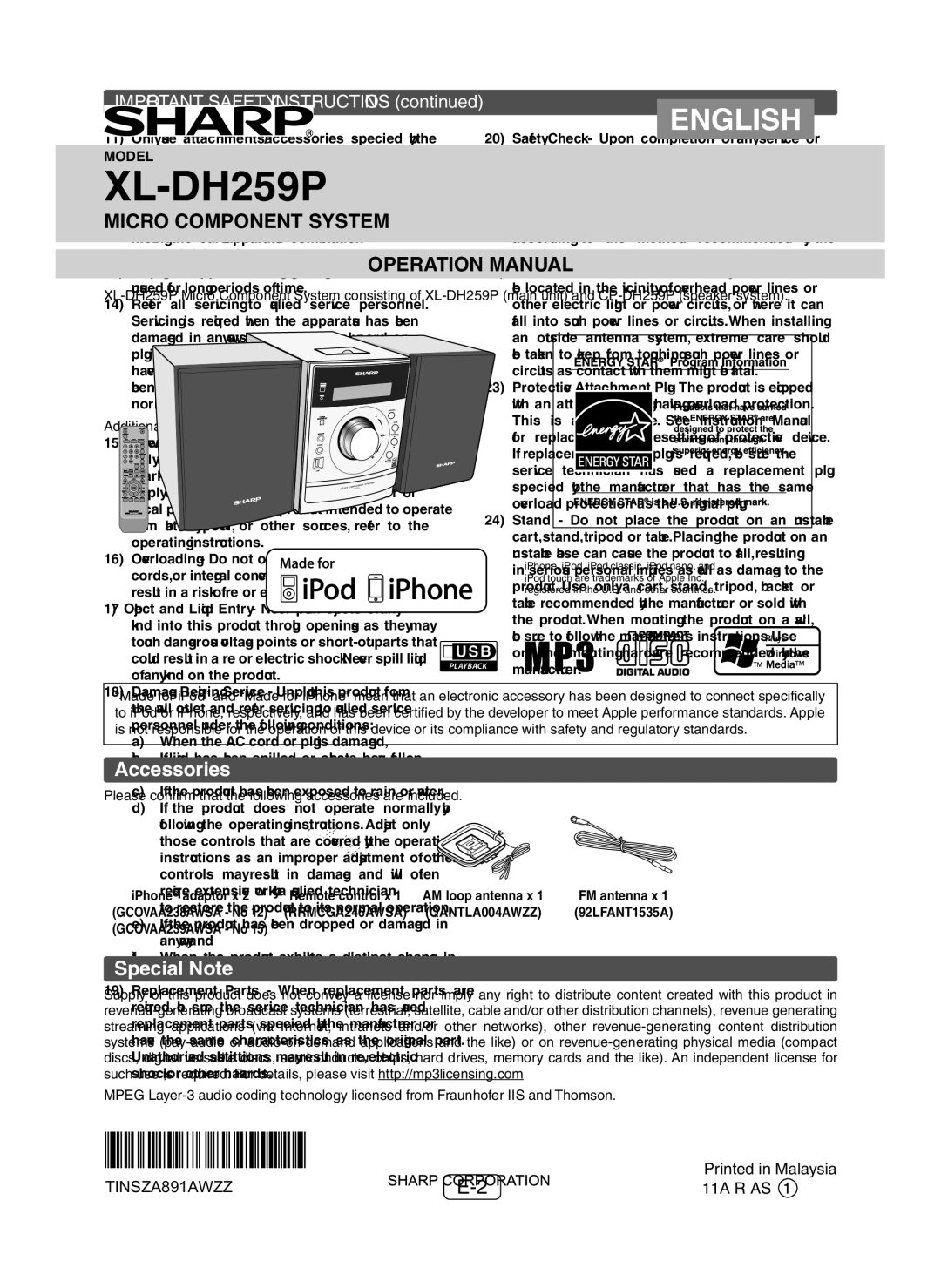 Sharp XLDH259P operation manual Important Safety Instructions, Additional Safety Information 