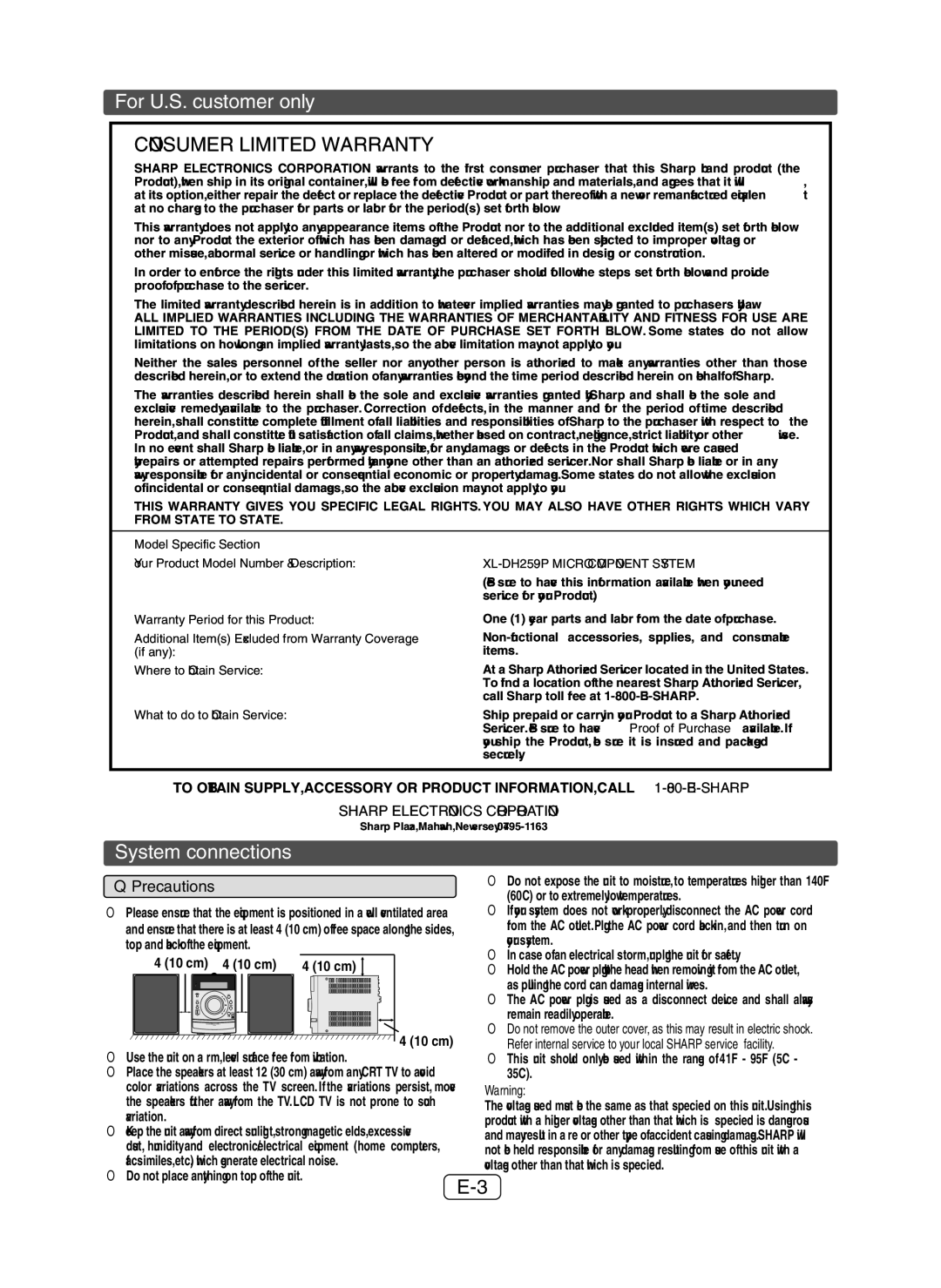 Sharp XLDH259P operation manual For U.S. customer only, System connections, Precautions 