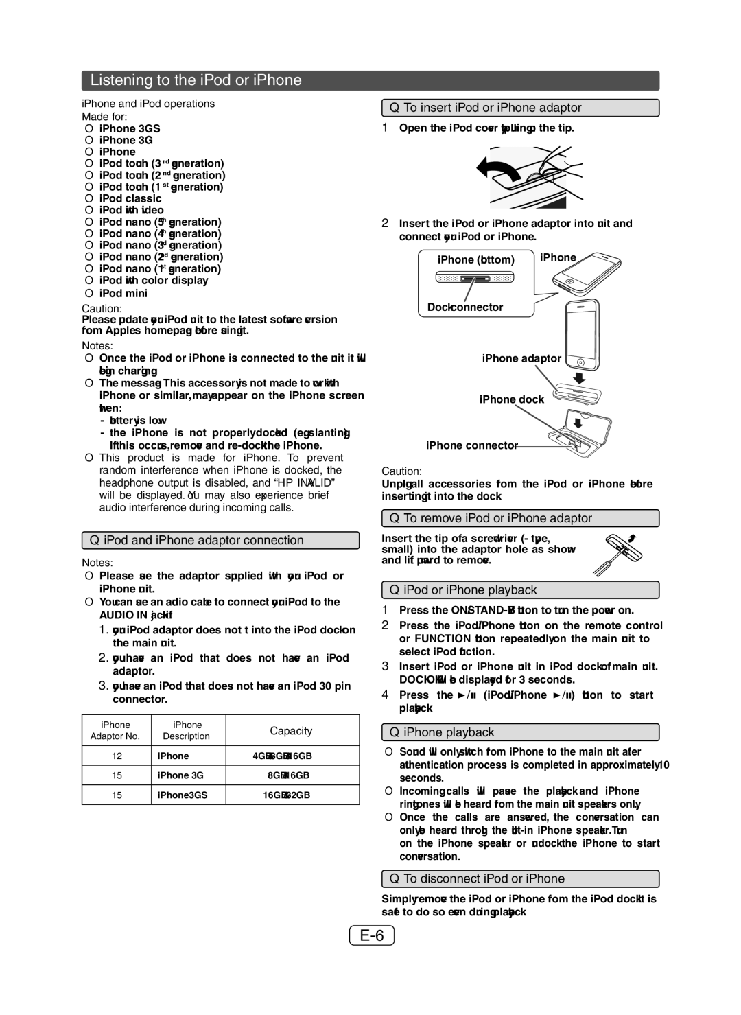 Sharp XLDH259P operation manual Listening to the iPod or iPhone 