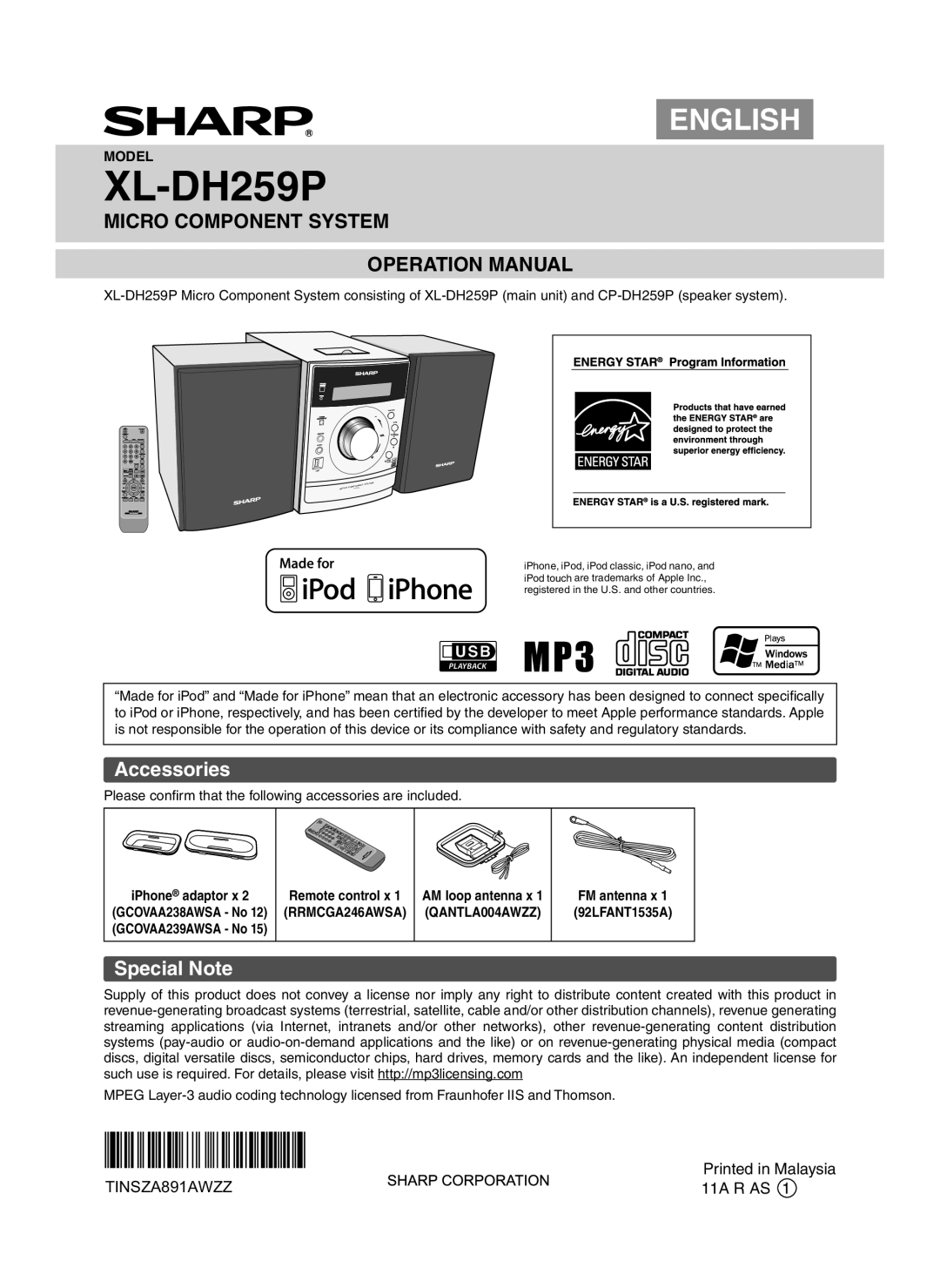 Sharp XLDH259P operation manual Accessories, Special Note, XL-DH259P, English, TINSZA891AWZZ 