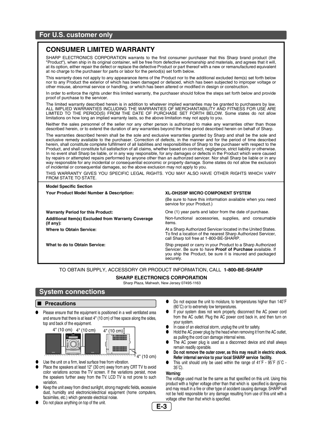 Sharp XLDH259P operation manual For U.S. customer only, Consumer Limited Warranty, System connections, Q Precautions 
