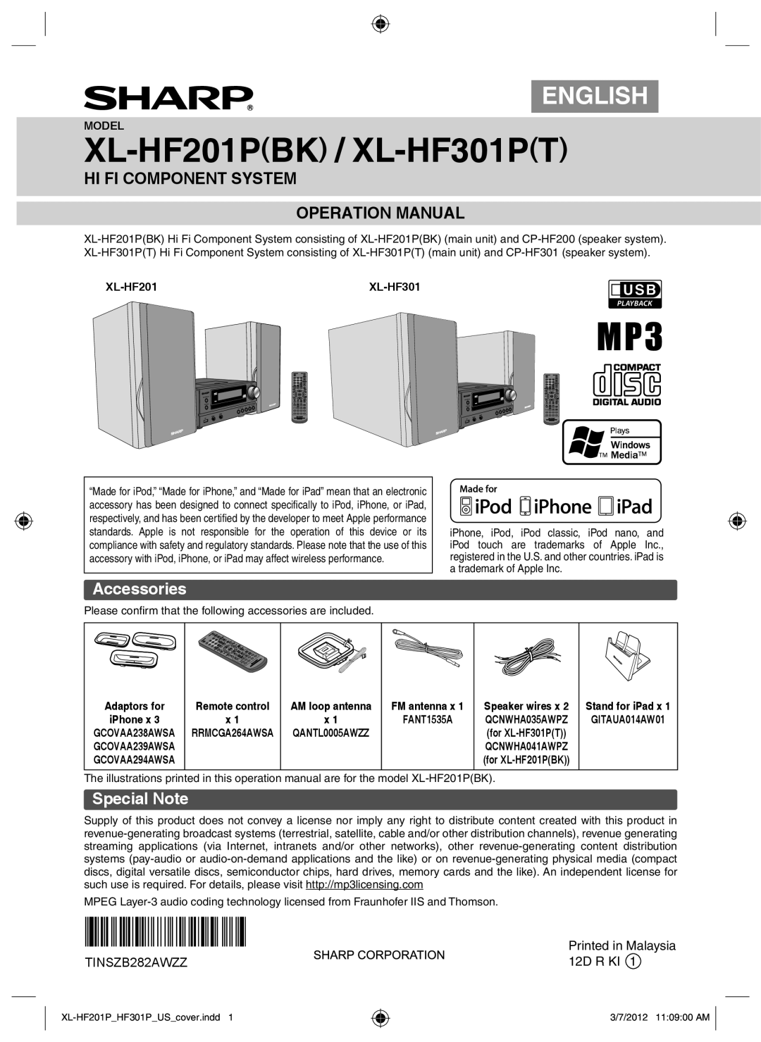 Sharp XLHF201P operation manual Accessories, Special Note 