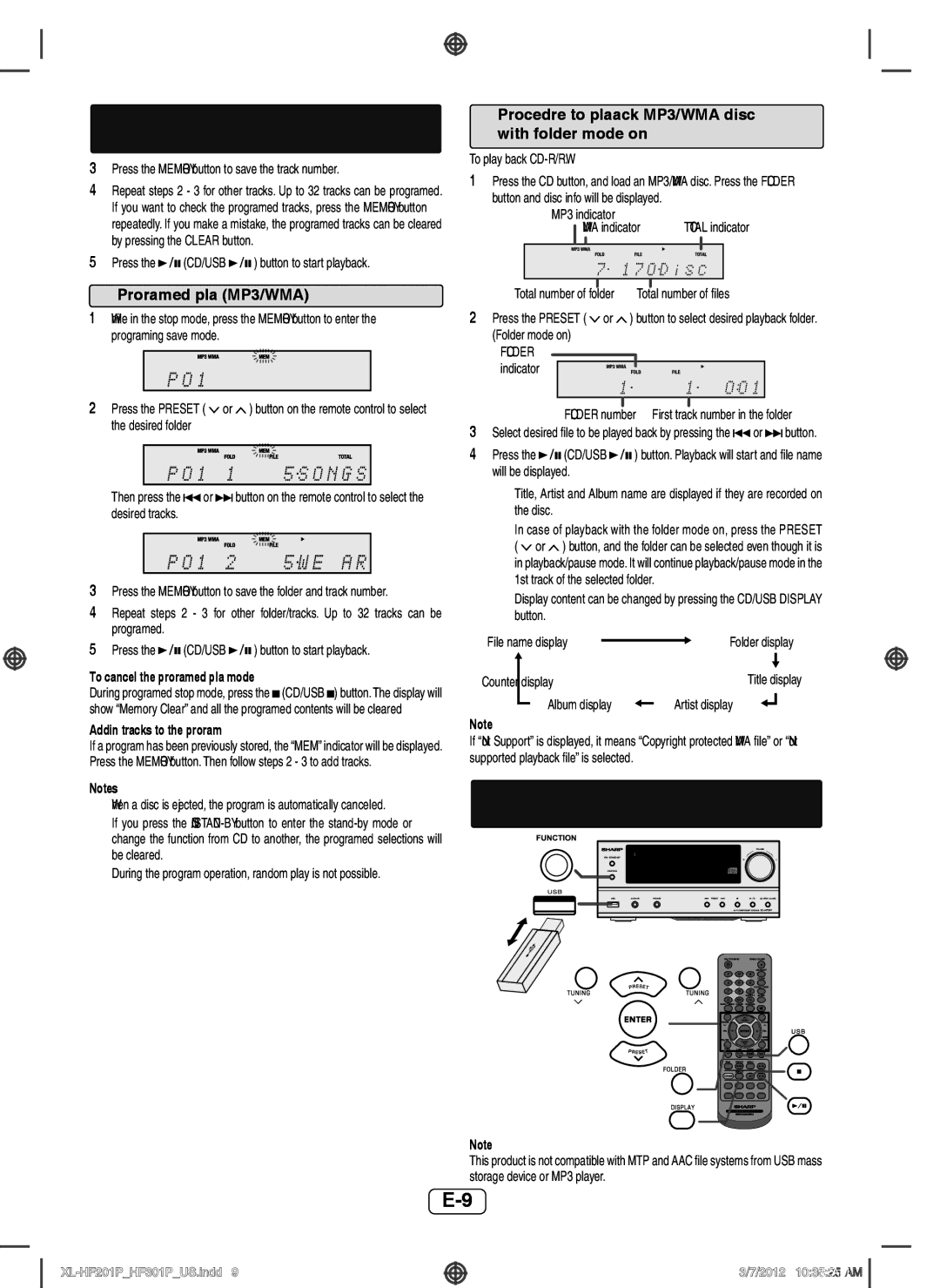 Sharp XLHF201P Listening to USB mass storage device/MP3 player, Programed play MP3/WMA, To cancel the programed play mode 
