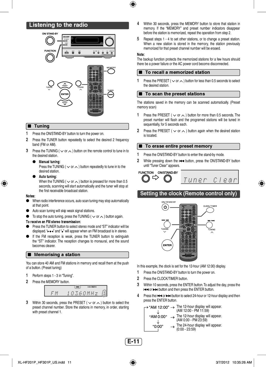 Sharp XLHF201P operation manual Listening to the radio, Setting the clock Remote control only 