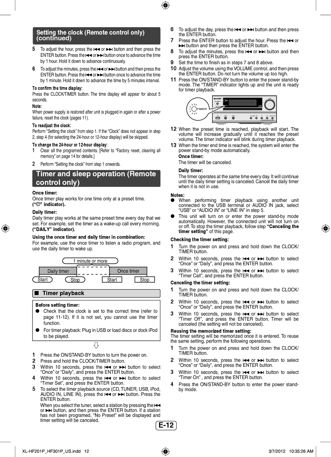 Sharp XLHF201P Timer and sleep operation Remote control only, Setting the clock Remote control only, Timer playback 