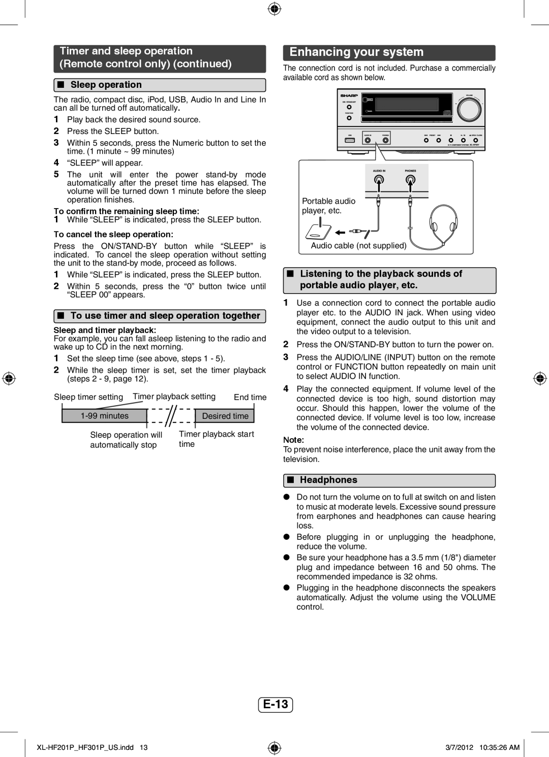 Sharp XLHF201P Enhancing your system, Timer and sleep operation Remote control only, Sleep operation, Headphones 