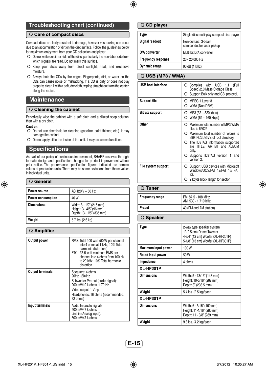 Sharp XLHF201P operation manual Maintenance, Speciﬁcations, Troubleshooting chart 