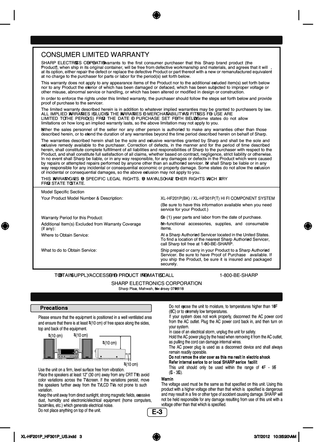 Sharp XLHF201P For U.S. customer only, System connections, Precautions, 10 cm, Do not place anything on top of the unit 