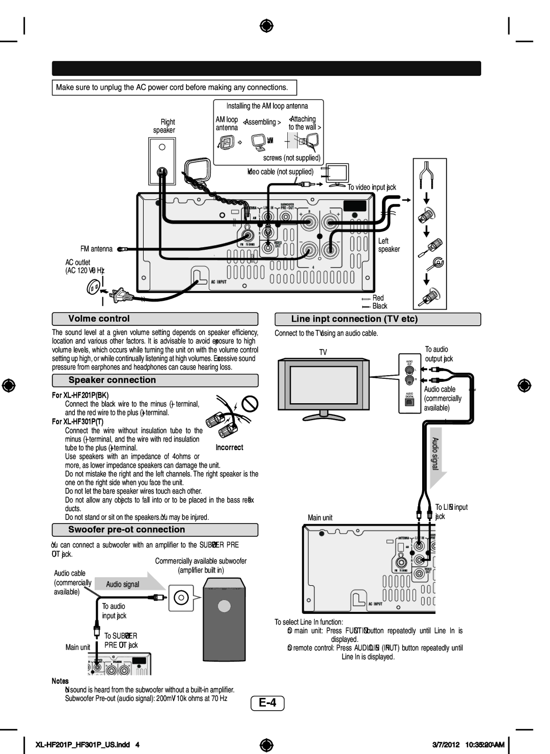 Sharp XLHF201P operation manual System connections, Volume control, Speaker connection, Subwoofer pre-out connection 