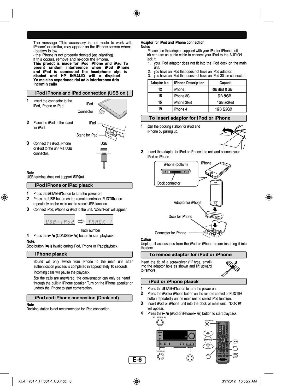 Sharp XLHF201P operation manual IPod, iPhone or iPad playback, To insert adaptor for iPod or iPhone, IPhone playback 