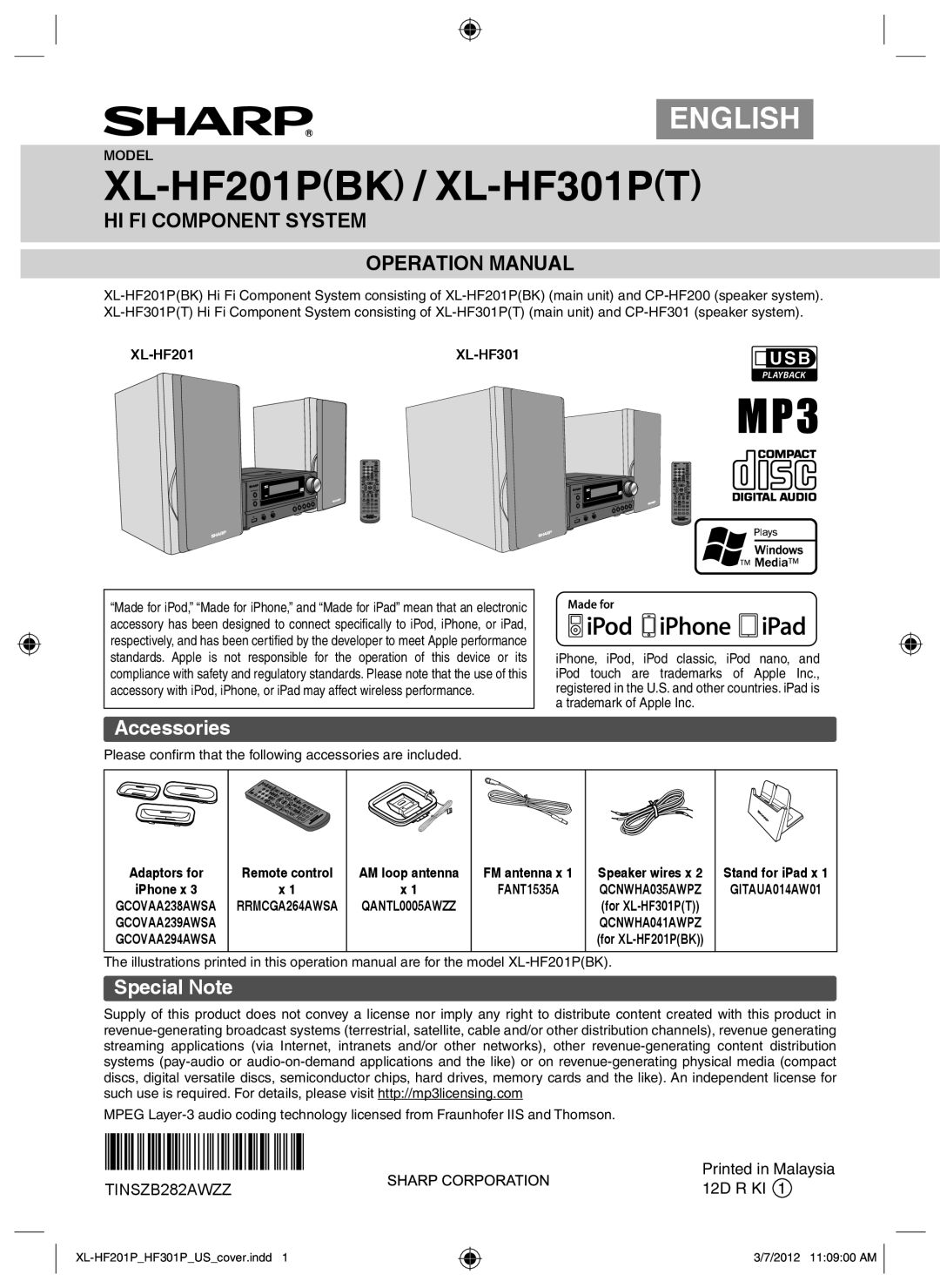 Sharp XLHF201P operation manual Accessories, Special Note, XL-HF201PBK / XL-HF301PT, English, TINSZB282AWZZ 