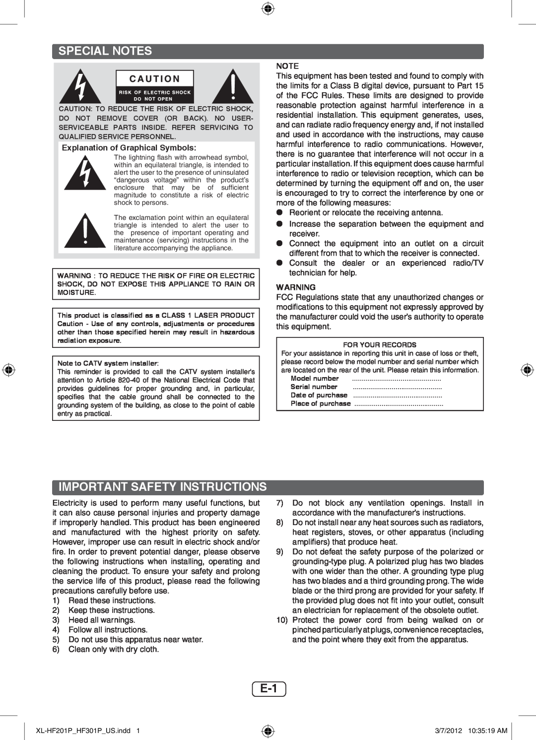 Sharp XLHF201P operation manual Special Notes, Important Safety Instructions 