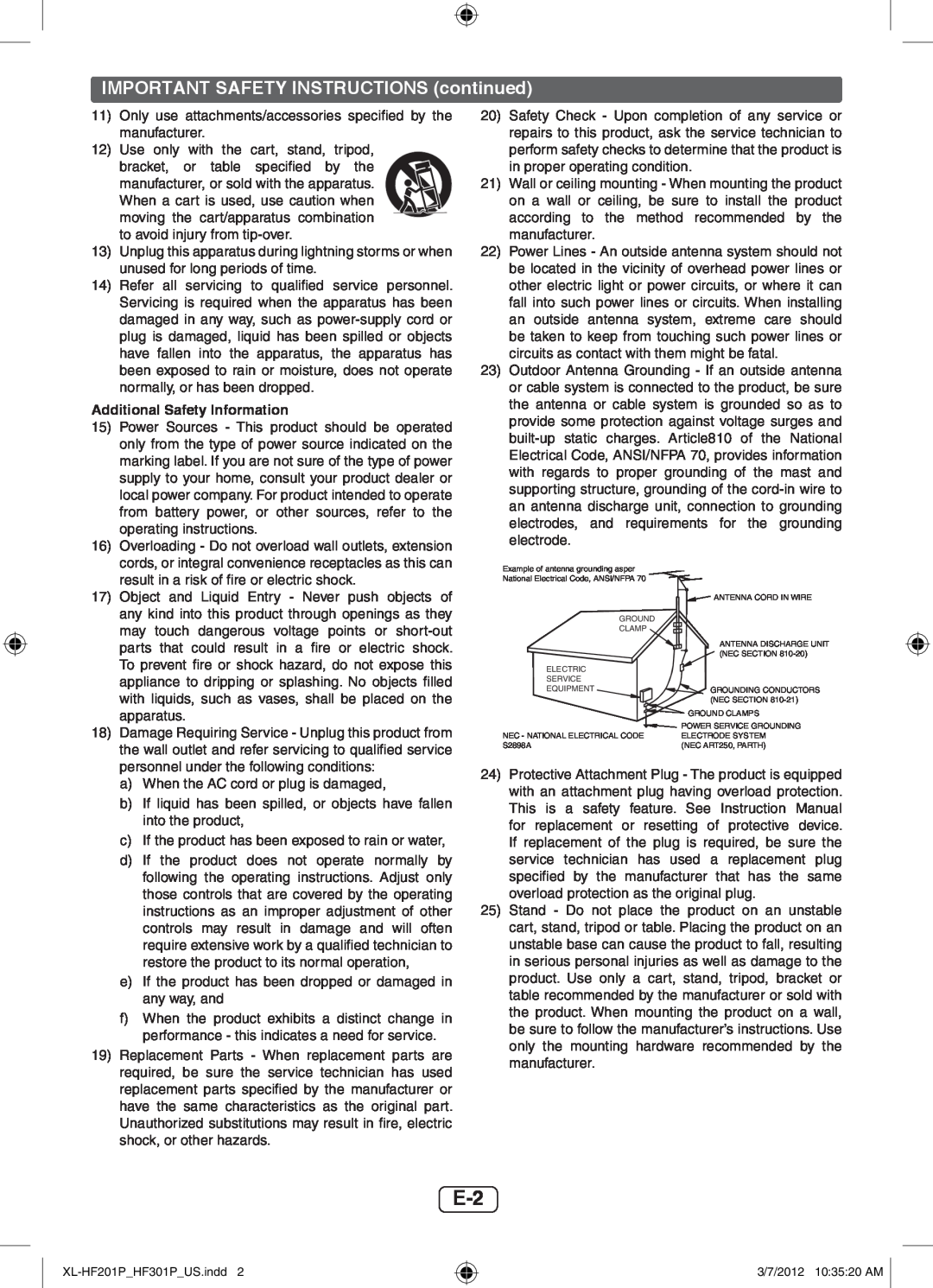 Sharp XLHF201P operation manual IMPORTANT SAFETY INSTRUCTIONS continued 