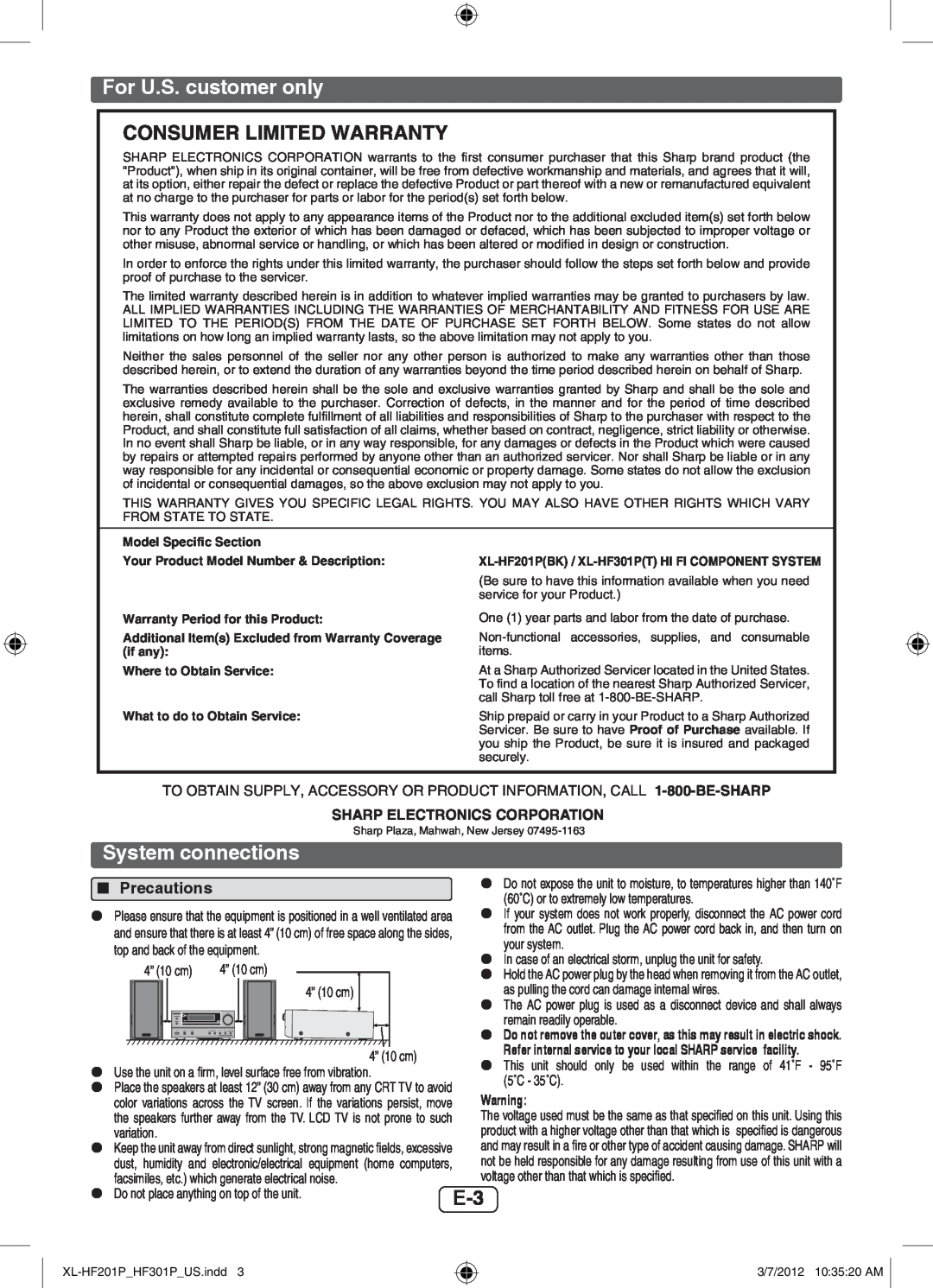 Sharp XLHF201P operation manual For U.S. customer only, Consumer Limited Warranty, System connections, Precautions 