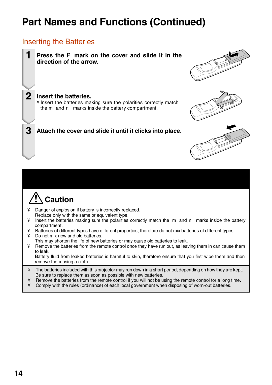 Sharp XR-20X, XR-20S, XR-10X, XR-10S Inserting the Batteries, Attach the cover and slide it until it clicks into place 