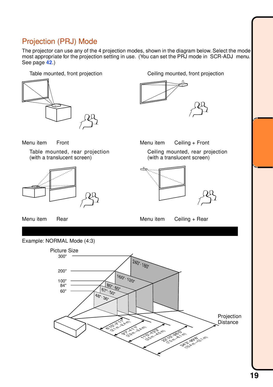 Sharp XR-20X, XR-20S, XR-10X, XR-10S, XG-MB55X operation manual Projection PRJ Mode, Example Normal Mode Picture Size, Distance 