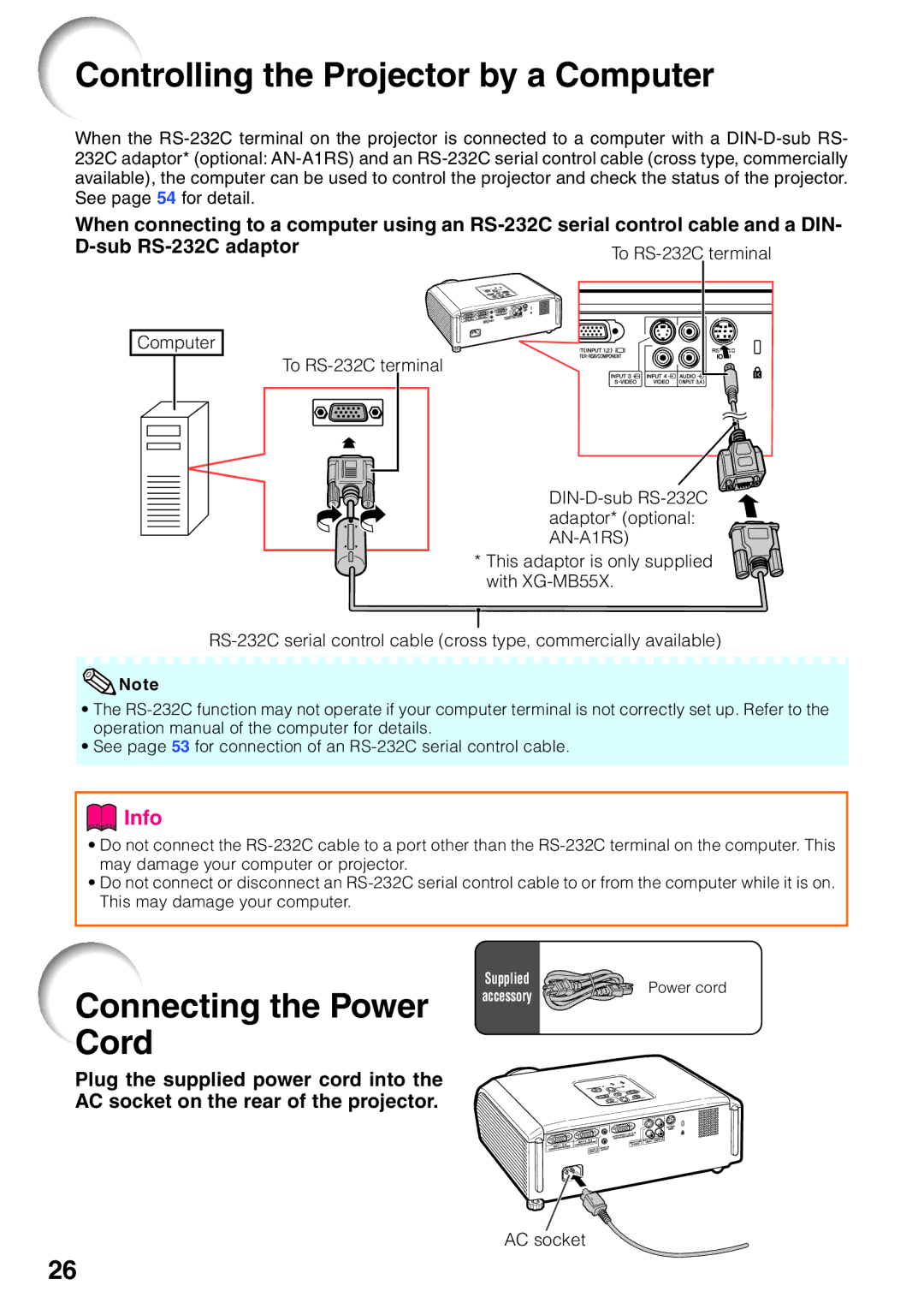 Sharp XR-20S, XR-10X, XR-10S, XR-20X, XG-MB55X Controlling the Projector by a Computer, Connecting the Power Cord 