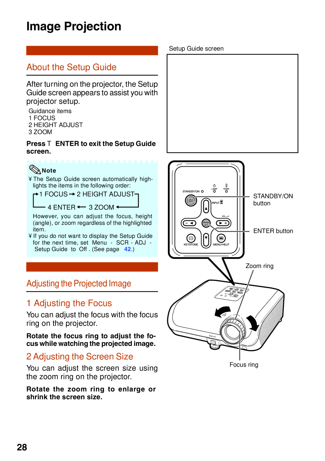 Sharp XR-10S, XR-20S, XR-10X Image Projection, About the Setup Guide, Adjusting the Projected Image Adjusting the Focus 