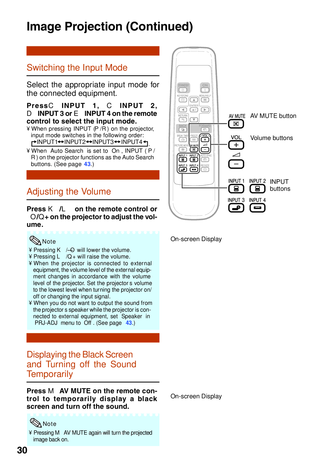 Sharp XG-MB55X, XR-20S, XR-10X Switching the Input Mode, Adjusting the Volume, AV Mute button Volume buttons Input buttons 