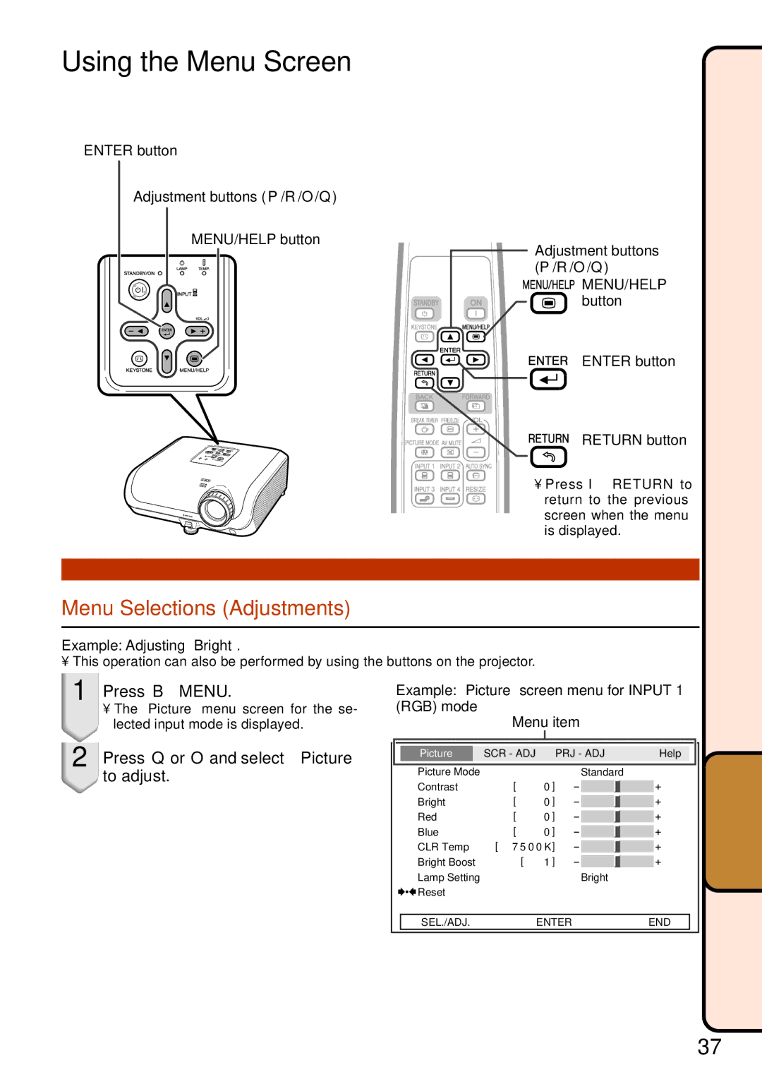 Sharp XR-10X Using the Menu Screen, Menu Selections Adjustments, Press Bmenu, Press Q or O and select Picture to adjust 