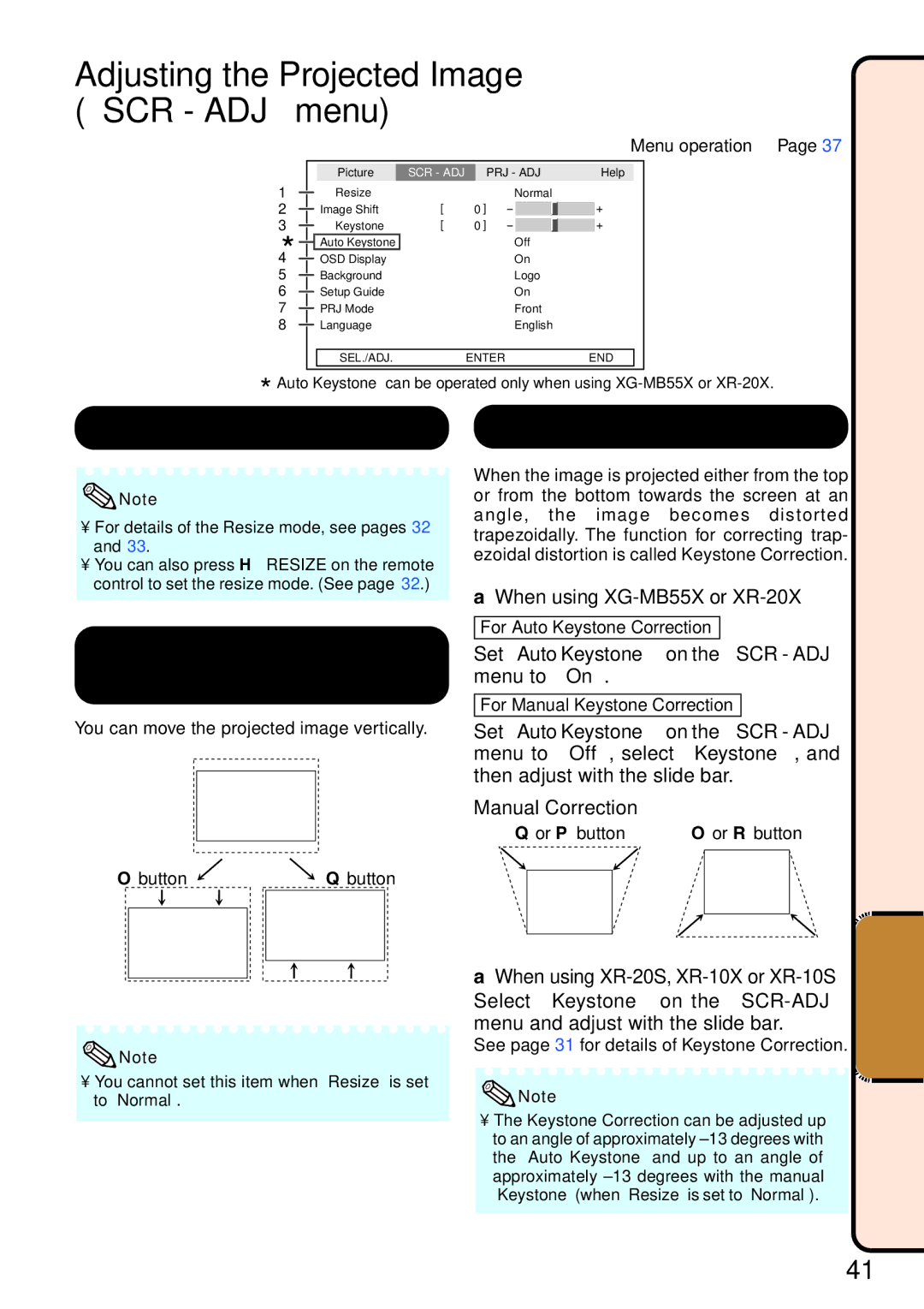 Sharp XR-20S, XR-10X, XR-10S operation manual Adjusting the Projected Image SCR ADJ menu, When using XG-MB55X or XR-20X 