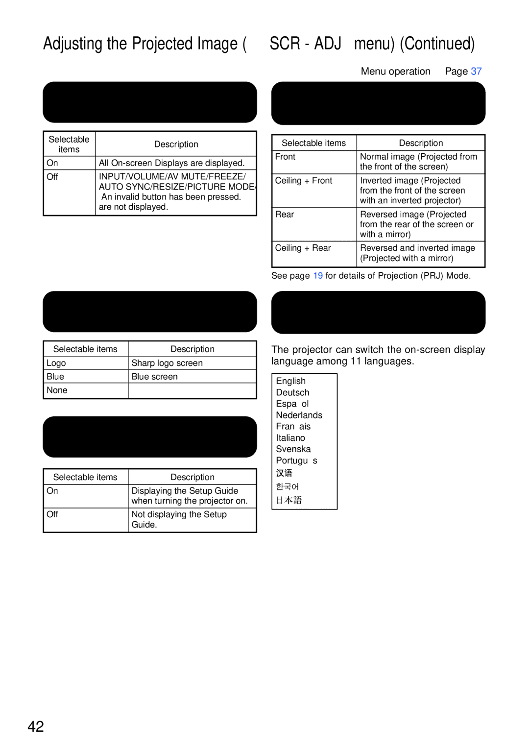 Sharp XR-10X, XR-20S, XR-10S, XR-20X, XG-MB55X operation manual Adjusting the Projected Image SCR ADJ menu 