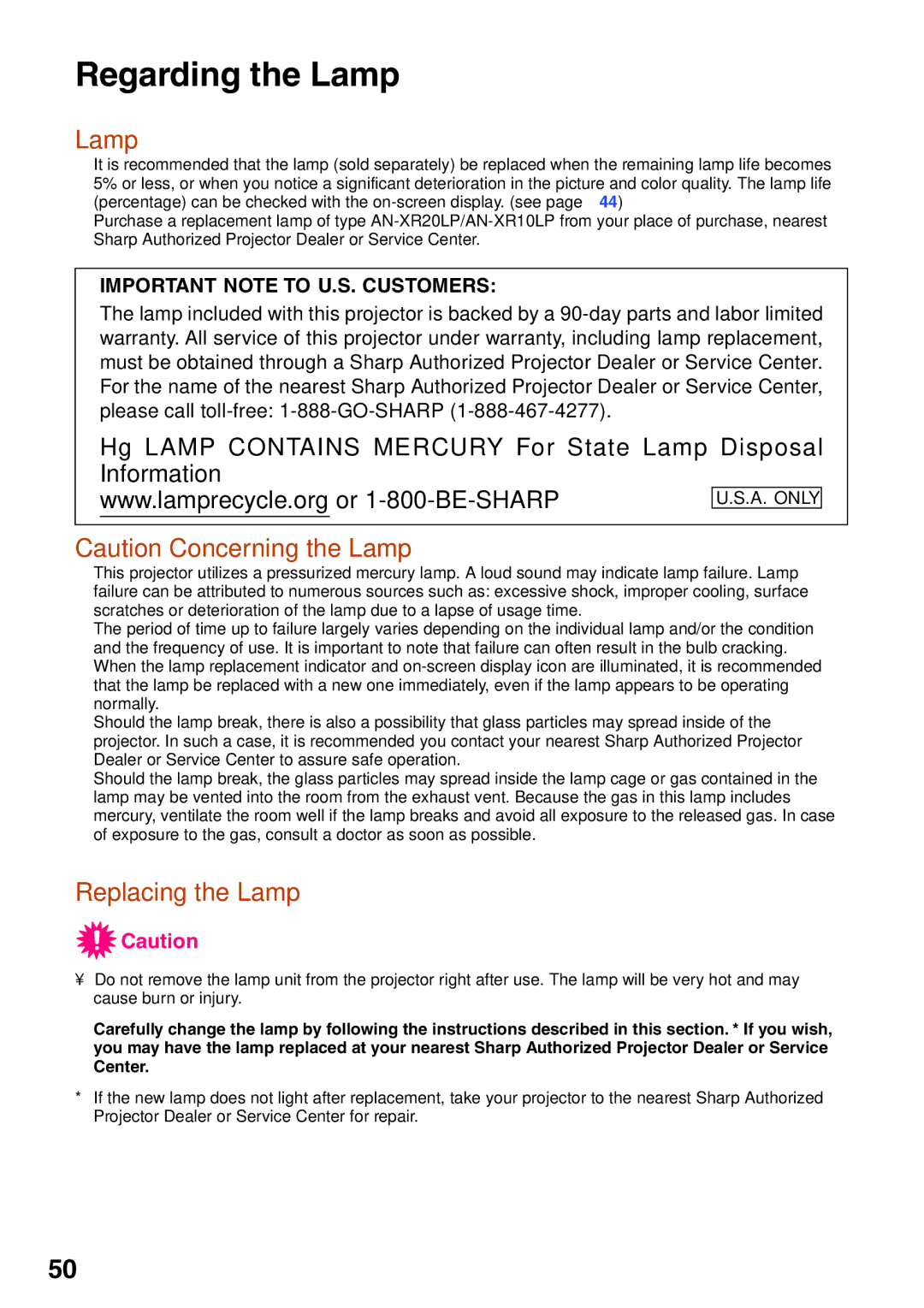 Sharp XG-MB55X, XR-20S, XR-10X, XR-10S, XR-20X operation manual Regarding the Lamp, Replacing the Lamp 