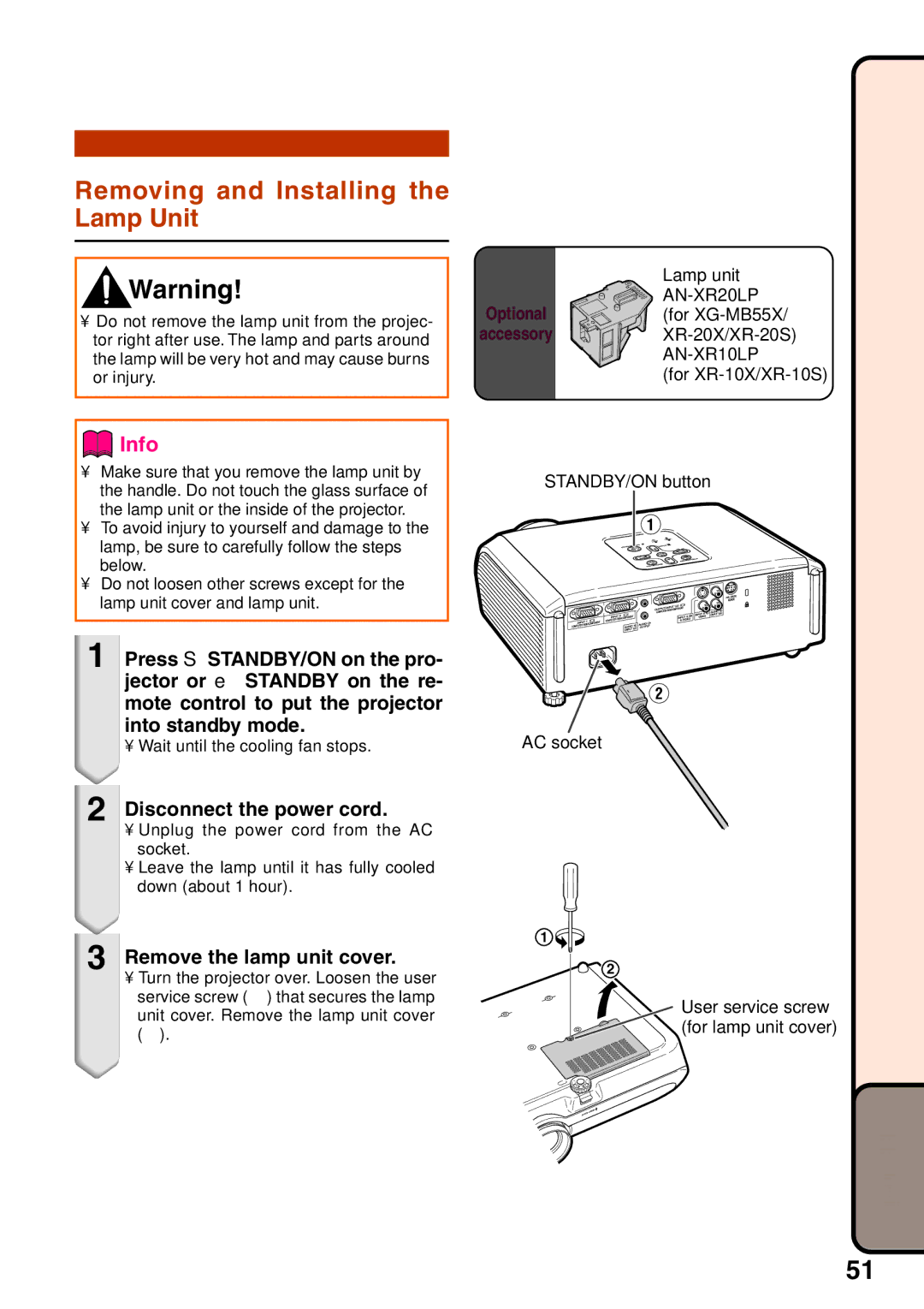 Sharp XR-20S, XR-10X, XR-10S Removing and Installing the Lamp Unit, Disconnect the power cord, Remove the lamp unit cover 