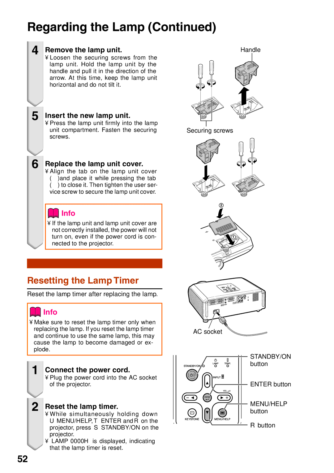 Sharp XR-10X, XR-20S, XR-10S, XR-20X, XG-MB55X operation manual Resetting the Lamp Timer 