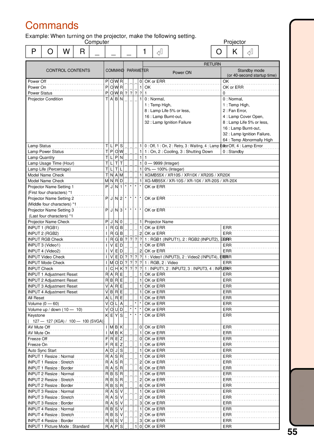 Sharp XG-MB55X, XR-20S, XR-10X, XR-10S, XR-20X operation manual Commands 