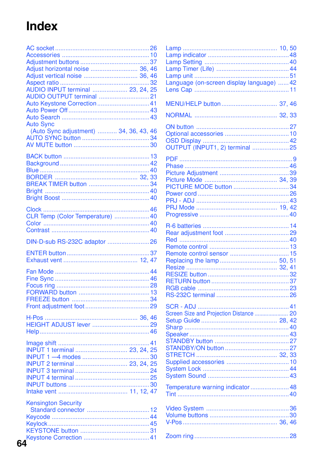 Sharp XR-20X, XR-20S, XR-10X, XR-10S, XG-MB55X operation manual Index 