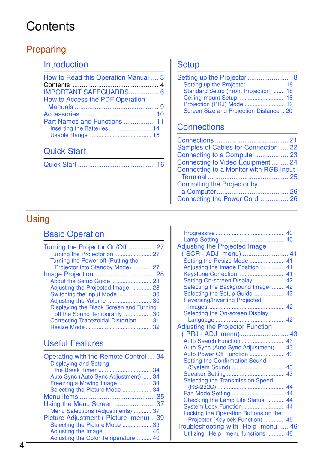 Sharp XR-20X, XR-20S, XR-10X, XR-10S, XG-MB55X operation manual Contents 