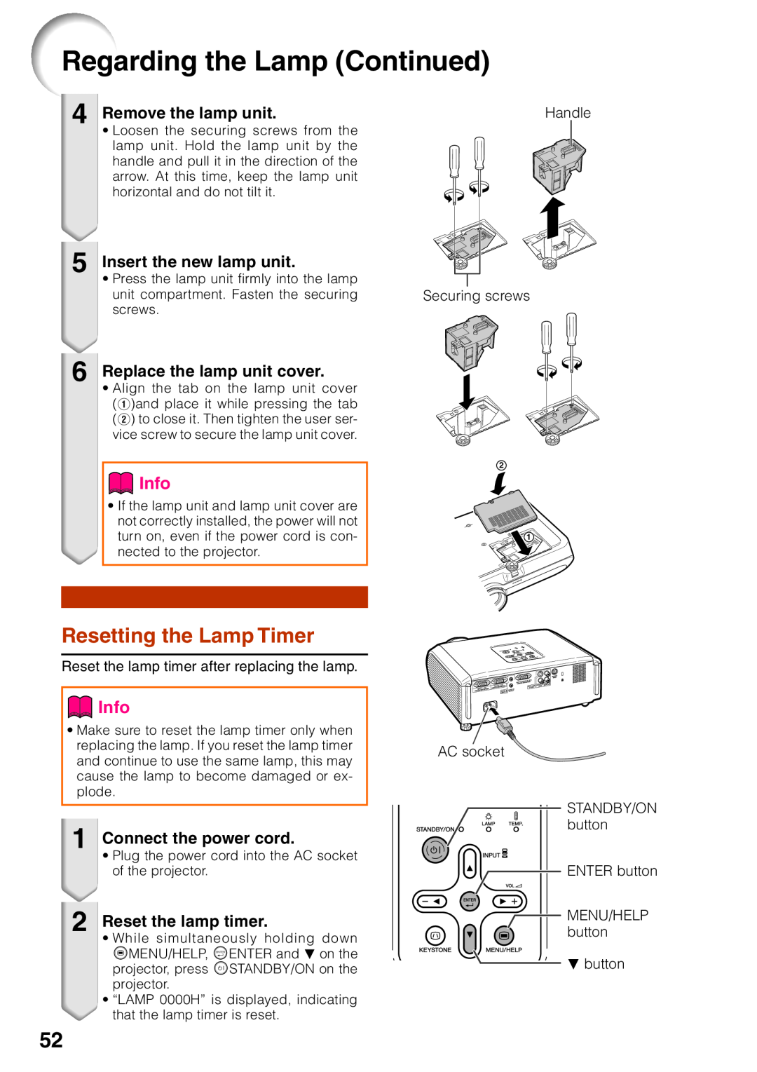 Sharp XR-10X Regarding the Lamp Continued, Resetting the Lamp Timer, Info, Remove the lamp unit, Insert the new lamp unit 