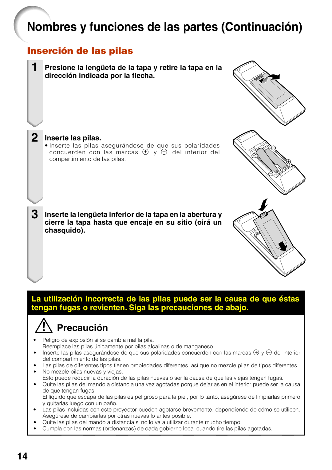 Sharp XR-30X, XR-30S manual Precaución, Inserción de las pilas 