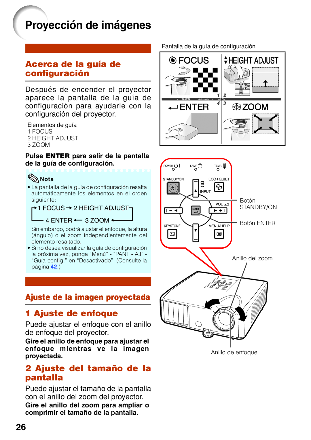 Sharp XR-30X Proyección de imágenes, Acerca de la guía de configuración, Ajuste de la imagen proyectada Ajuste de enfoque 