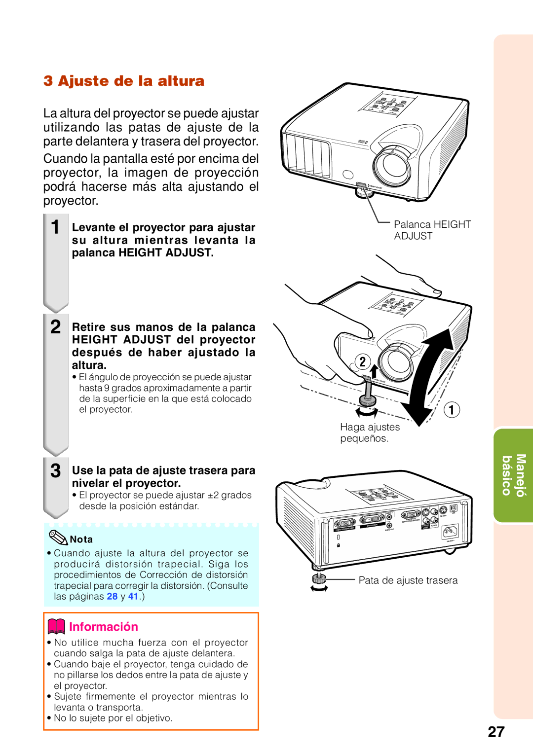 Sharp XR-30S, XR-30X manual Ajuste de la altura, Use la pata de ajuste trasera para nivelar el proyector, Palanca Height 