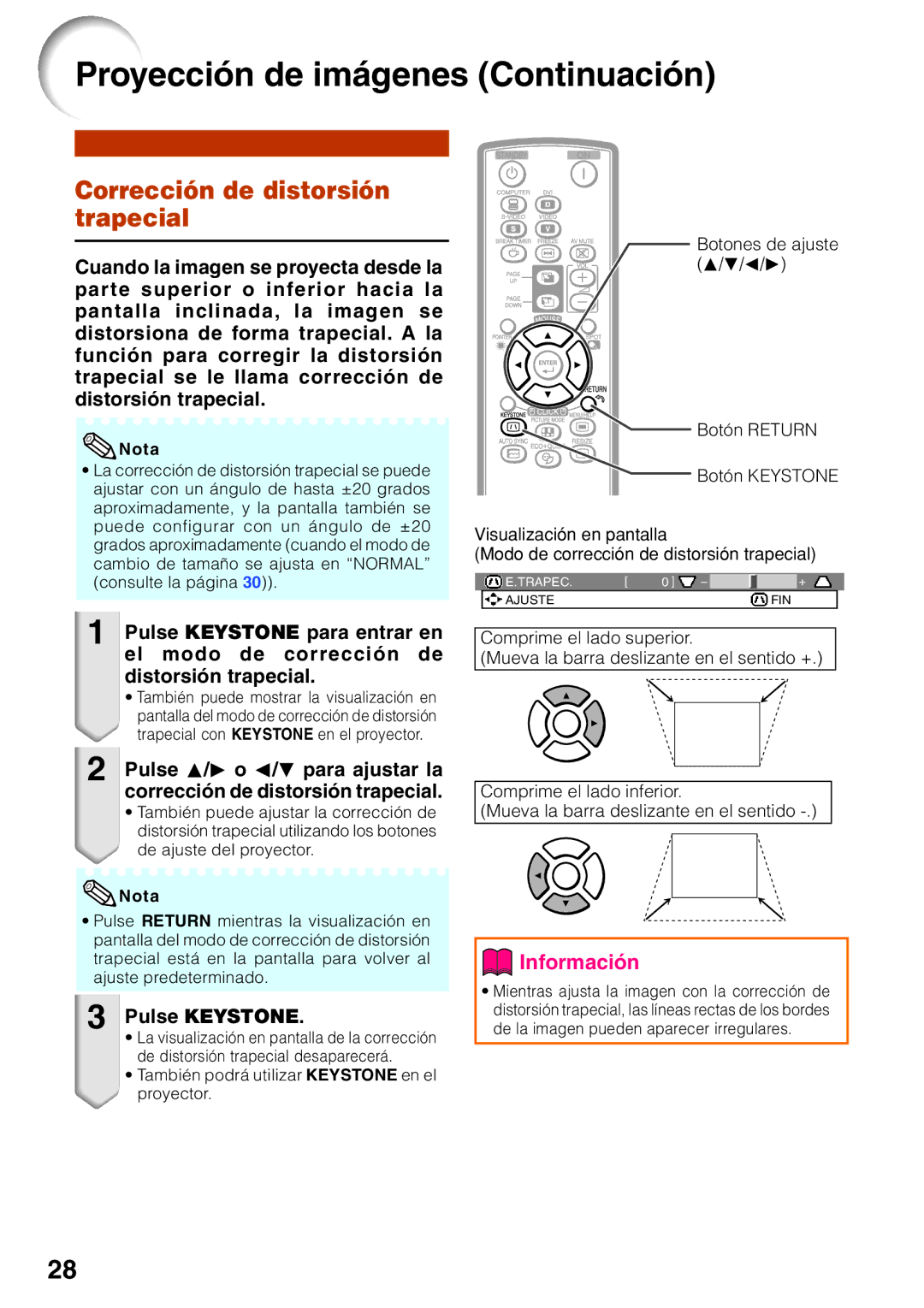 Sharp XR-30X, XR-30S manual Proyección de imágenes Continuación, Corrección de distorsión trapecial 