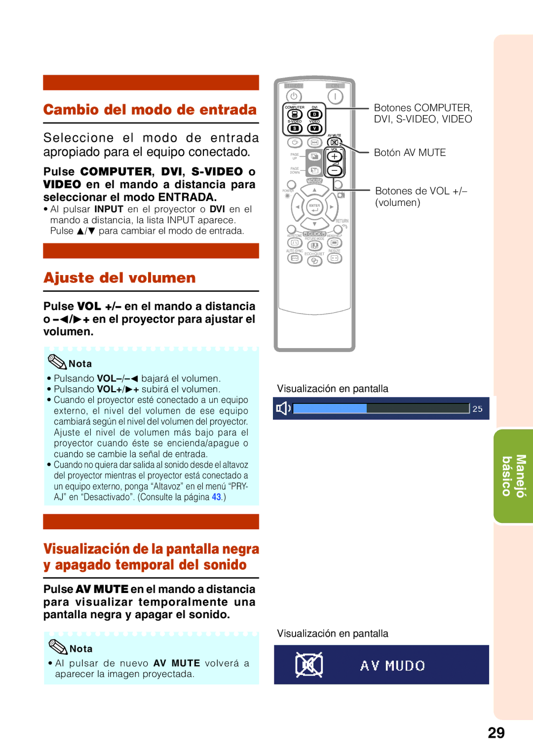 Sharp XR-30S Cambio del modo de entrada, Ajuste del volumen, Botones Computer, Botón AV Mute Botones de VOL +/- volumen 