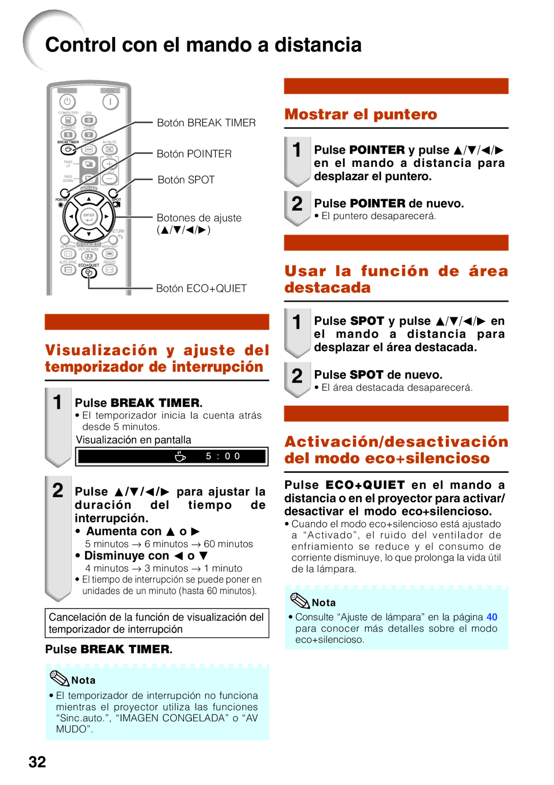 Sharp XR-30X manual Control con el mando a distancia, Mostrar el puntero, Activación/desactivación del modo eco+silencioso 