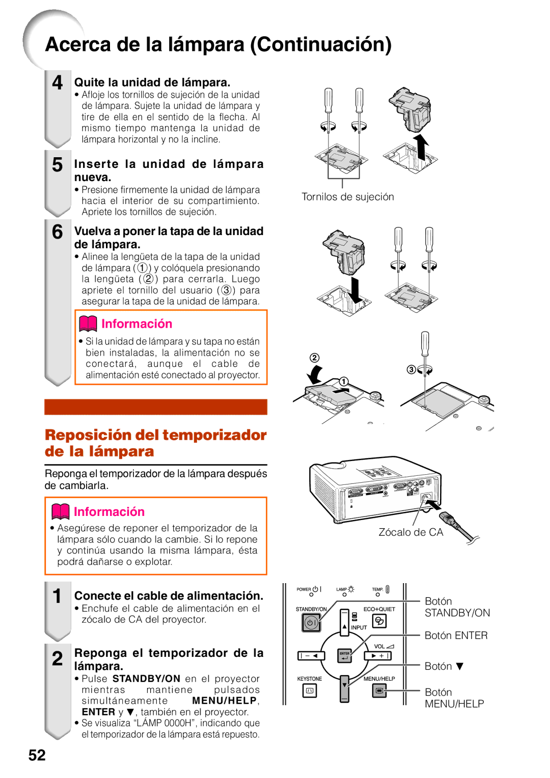 Sharp XR-30X, XR-30S manual Acerca de la lámpara Continuación, Reposición del temporizador de la lámpara 