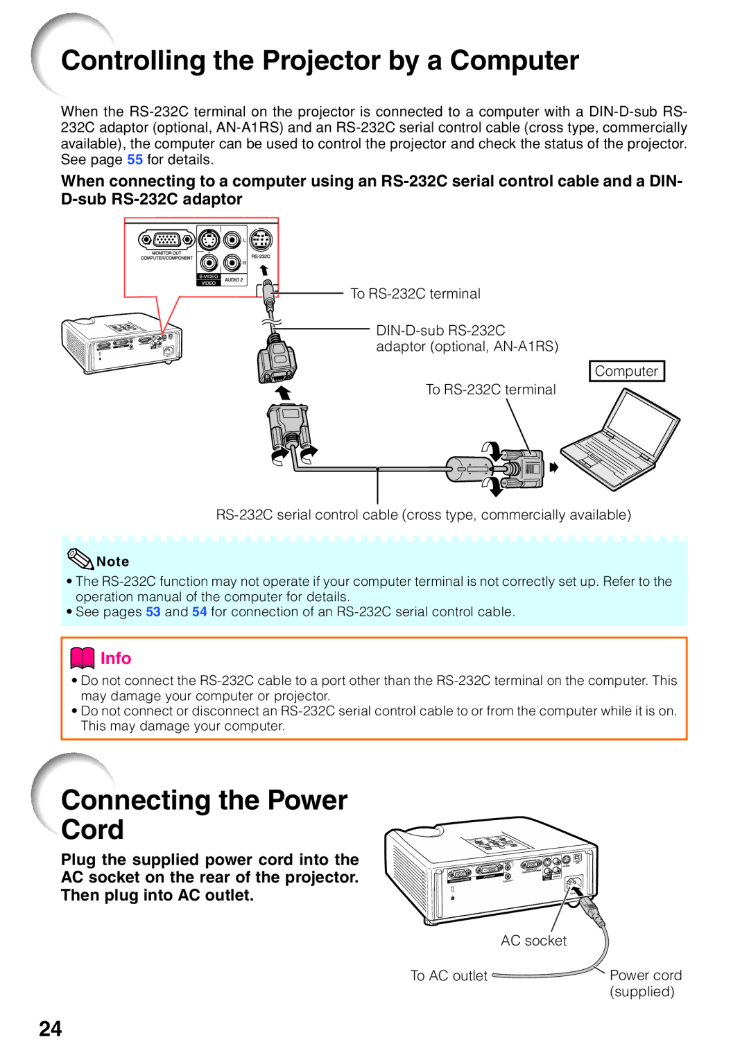 Sharp XR-40X, XR-30X, XR-30S operation manual Controlling the Projector by a Computer, Connecting the Power Cord 