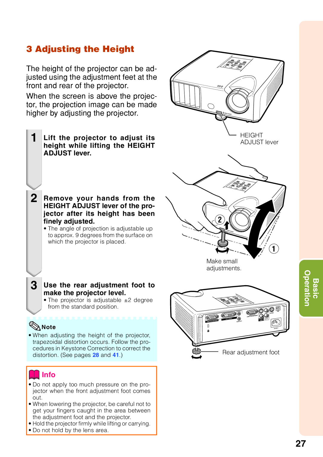 Sharp XR-40X, XR-30X, XR-30S operation manual Adjusting the Height, Use the rear adjustment foot to make the projector level 